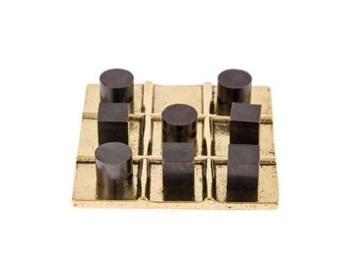 Tic Tac Toe Board Game, Handmade Metal Decorative Ornament - Cubes & Cylinders Design, Gold & Black