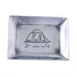 Ashtray - Handmade Solid Aluminum - Sailing Ship Design - Rectangular - Silver