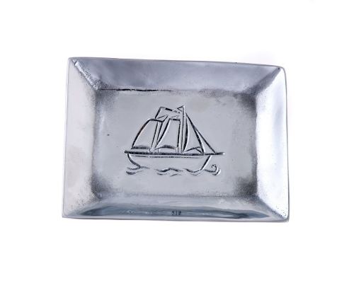 Ashtray - Handmade Solid Aluminum - Sailing Ship Design - Rectangular - Silver