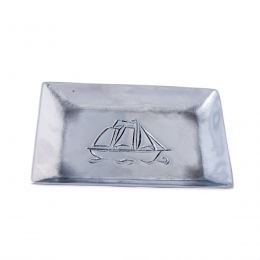 Ashtray - Handmade Solid Aluminum - Sailing Ship Design - Rectangular - Silver