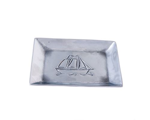 Ashtray - Handmade Solid Aluminum - Sailing Ship Design - Rectangular - Silver