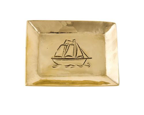 Ashtray - Handmade Solid Bronze - Sailing Ship Design - Rectangular - Gold