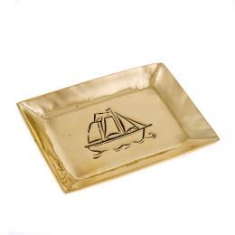 Ashtray - Handmade Solid Bronze - Sailing Ship Design - Rectangular - Gold