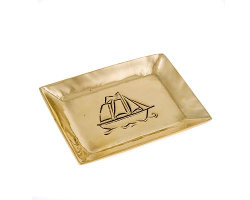 Ashtray - Handmade Solid Bronze - Sailing Ship Design - Rectangular - Gold