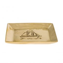 Ashtray - Handmade Solid Bronze - Sailing Ship Design - Rectangular - Gold