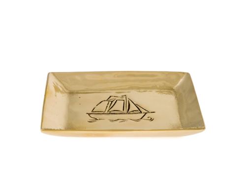 Ashtray - Handmade Solid Bronze - Sailing Ship Design - Rectangular - Gold