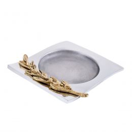 Ashtray - Handmade Solid Aluminum & Bronze - Olive Branch Design - Square, Gold & Silver