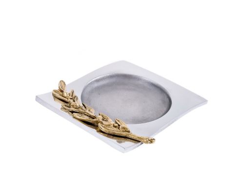 Ashtray - Handmade Solid Aluminum & Bronze - Olive Branch Design - Square, Gold & Silver