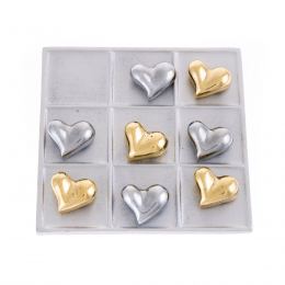 Tic Tac Toe Board Game, Handmade Metal Decorative Ornament - Love Heart Design, Silver & Gold