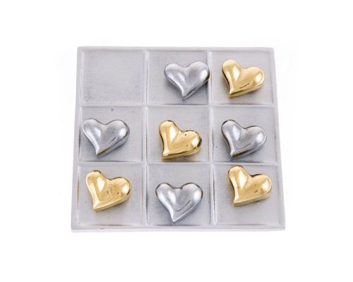 Tic Tac Toe Board Game, Handmade Metal Decorative Ornament - Love Heart Design, Silver & Gold