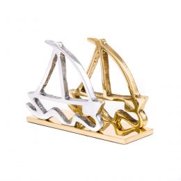 Business Card Holder - Handmade Solid Metal Desk Accessory - Two Sailing Boats Design, Gold & Silver Color