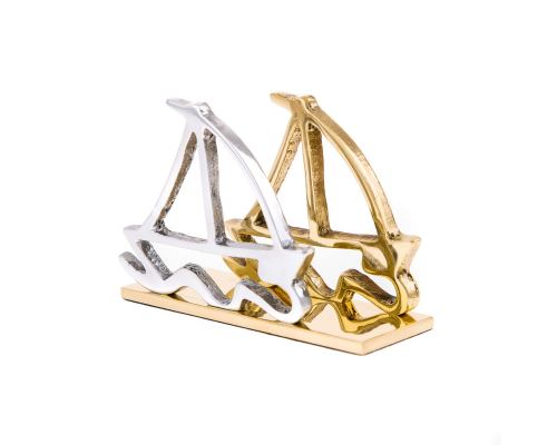 Business Card Holder - Handmade Solid Metal Desk Accessory - Two Sailing Boats Design, Gold & Silver Color