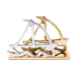 Business Card Holder - Handmade Solid Metal Desk Accessory - Two Sailing Boats Design, Gold & Silver Color