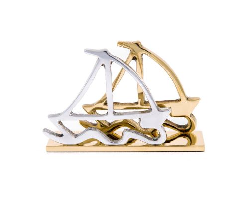 Business Card Holder - Handmade Solid Metal Desk Accessory - Two Sailing Boats Design, Gold & Silver Color