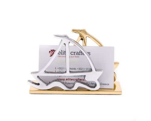 Business Card Holder - Handmade Solid Metal Desk Accessory - Two Sailing Boats Design, Gold & Silver Color