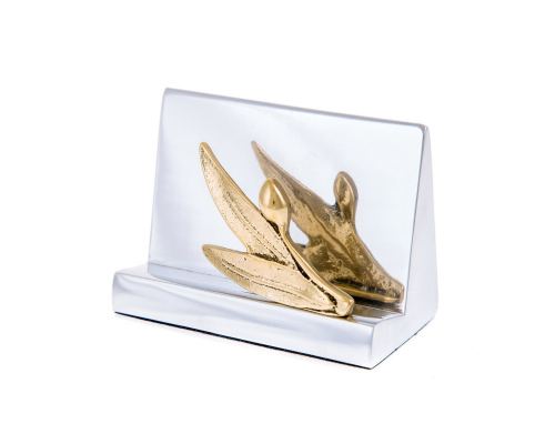 Business Card Holder - Handmade Solid Metal Desk Accessory - Golden Olive Branch Design