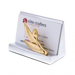 Business Card Holder - Handmade Solid Metal Desk Accessory - Golden Olive Branch Design