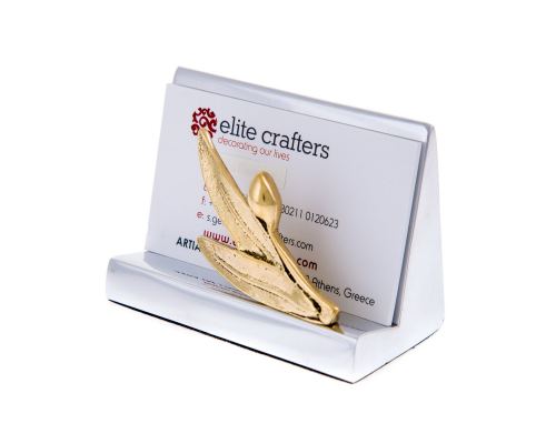 Business Card Holder - Handmade Solid Metal Desk Accessory - Golden Olive Branch Design