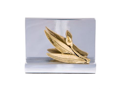 Business Card Holder - Handmade Solid Metal Desk Accessory - Golden Olive Branch Design