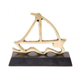 Sailboat on Waves, Solid Bronze Handmade Decor Ornament on Dark Brown Base