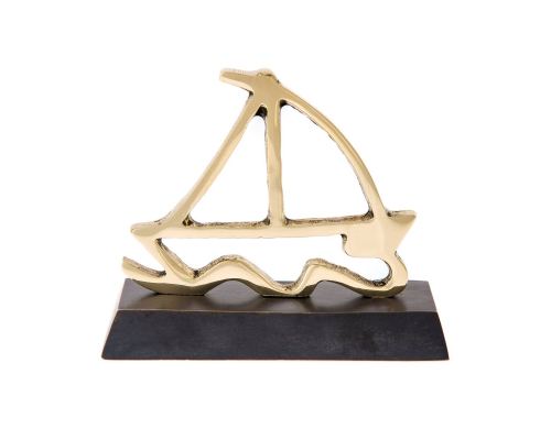 Sailboat on Waves, Solid Bronze Handmade Decor Ornament on Dark Brown Base