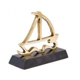 Sailboat on Waves, Solid Bronze Handmade Decor Ornament on Dark Brown Base