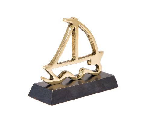 Sailboat on Waves, Solid Bronze Handmade Decor Ornament on Dark Brown Base