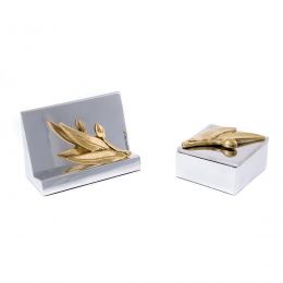 Desk Accessories Set of 2 - Olive Branch Design - Handmade Solid Metal - Decorative Storage Box, Business Card Holder