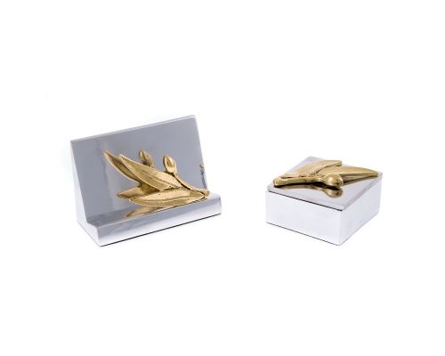 Desk Accessories Set of 2 - Olive Branch Design - Handmade Solid Metal - Decorative Storage Box, Business Card Holder