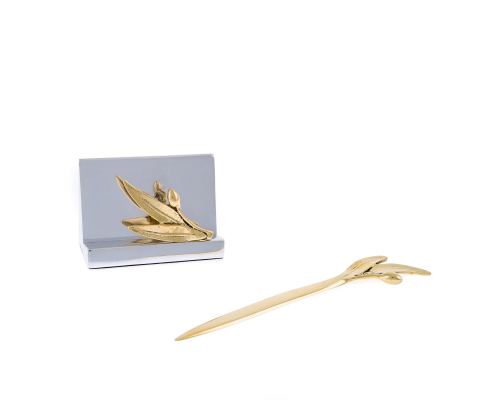 Desk Accessories Set of 2 - Olive Branch Design - Handmade Solid Metal - Letter Opener, Business Card Holder