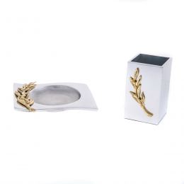 Desk Accessories Set of 2 - Olive Branch Design - Handmade Solid Metal - Ashtray & Pen or Pencil Holder