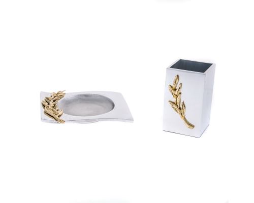 Desk Accessories Set of 2 - Olive Branch Design - Handmade Solid Metal - Ashtray & Pen or Pencil Holder