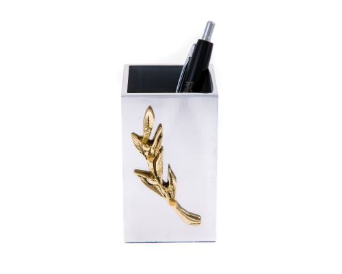 Desk Accessories Set of 2 - Olive Branch Design - Handmade Solid Metal - Ashtray & Pen or Pencil Holder