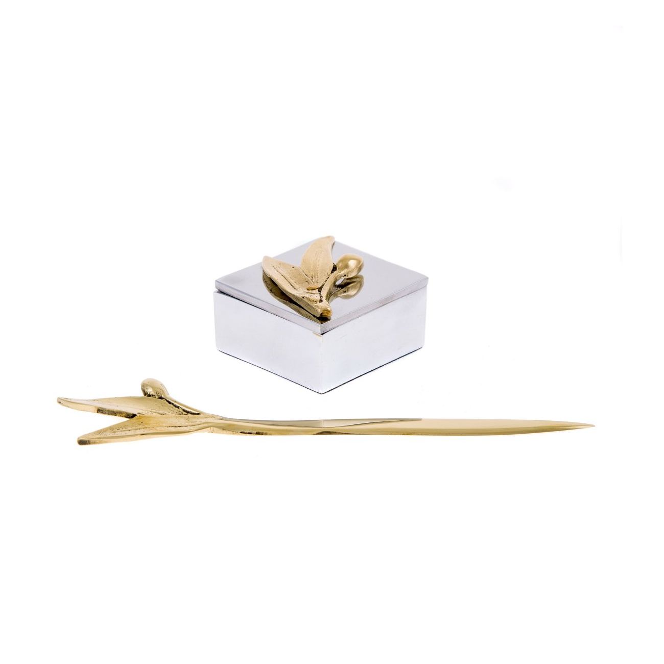 Desk Accessories Set Of 2 Olive Branch Design Handmade Solid Metal Decorative Storage Box Letter Opener