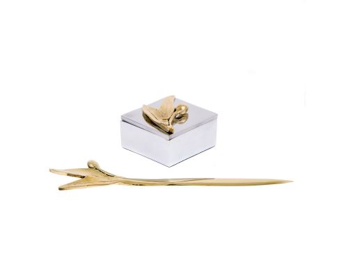 Desk Accessories Set of 2 - Olive Branch Design - Handmade Solid Metal - Decorative Storage Box & Letter Opener