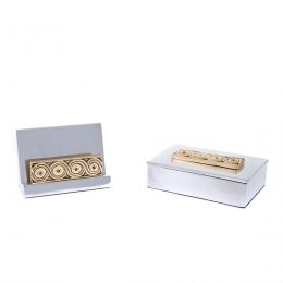 Desk Accessories Set of 2 - Archaic Design - Handmade Solid Metal - Decorative Storage Box, Business Card Holder