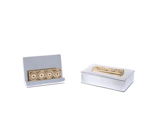Desk Accessories Set of 2 - Archaic Design - Handmade Solid Metal - Decorative Storage Box, Business Card Holder