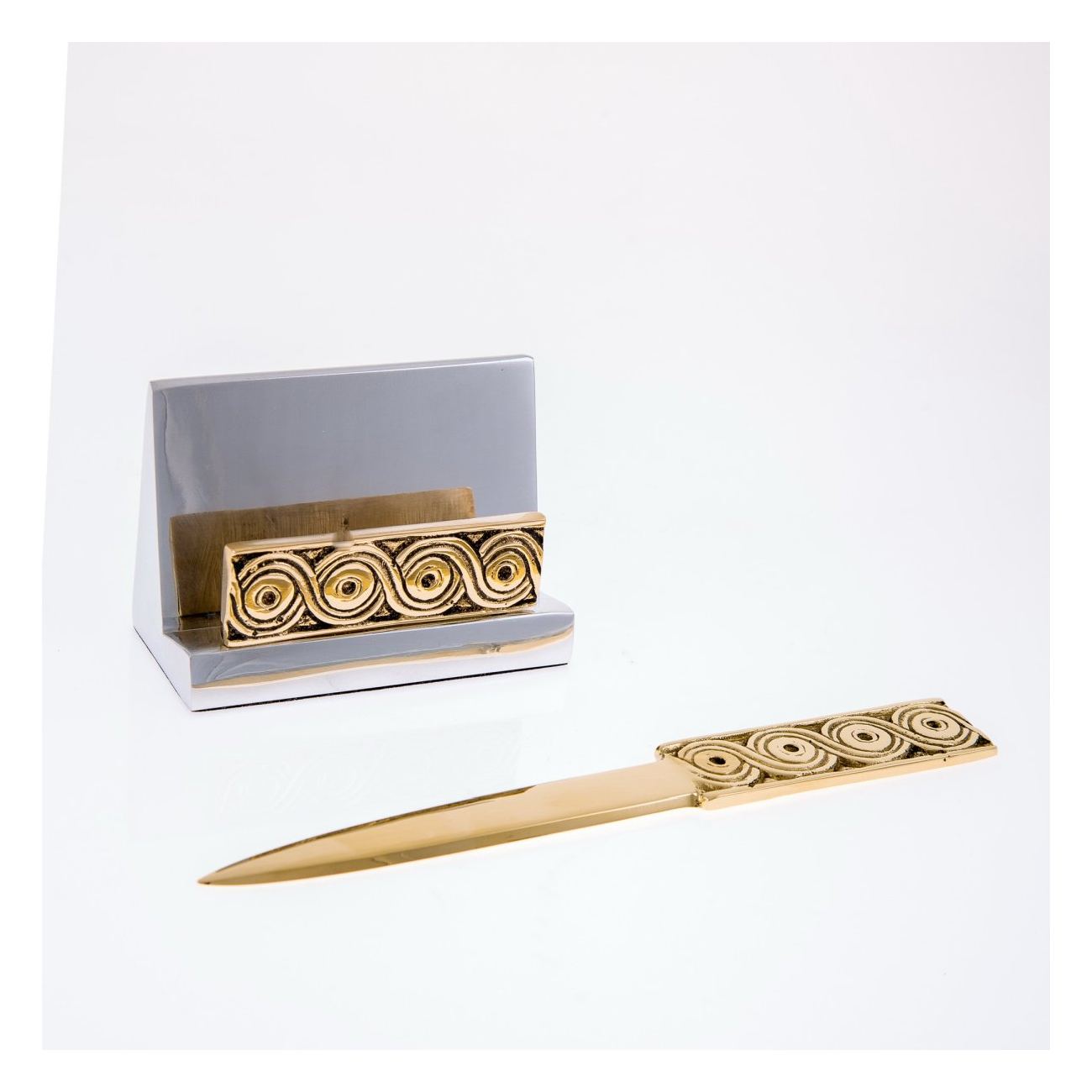 Desk Accessories Set of 2 Archaic Design Handmade Solid Metal Letter Opener, Business Card