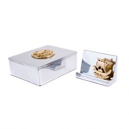 Desk Accessories Set of 2 - Archaic Ship Design - Handmade Solid Metal - Decorative Storage Box, Business Card Holder