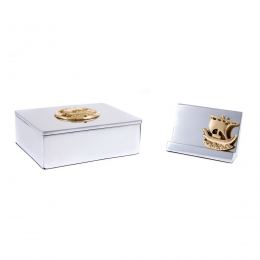 Desk Accessories Set of 2 - Archaic Ship Design - Handmade Solid Metal - Decorative Storage Box, Business Card Holder