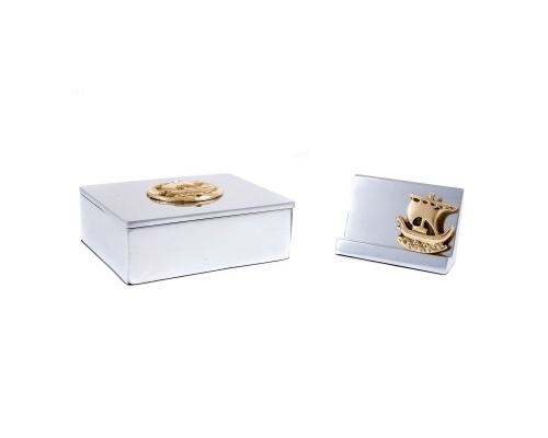 Desk Accessories Set of 2 - Archaic Ship Design - Handmade Solid Metal - Decorative Storage Box, Business Card Holder