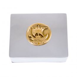 Desk Accessories Set of 2 - Archaic Ship Design - Handmade Solid Metal - Decorative Storage Box, Business Card Holder