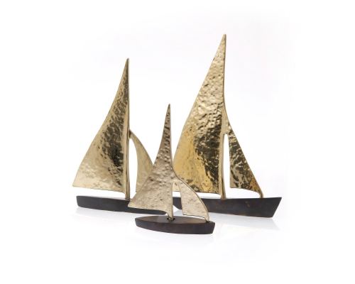 Sailing Boat, Set of 3 - Handmade Metal Decorative Nautical Ornament - Bronze, Gold & Black - Small, Medium & Large