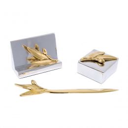Desk Accessories Set of 3 - Olive Branch Design - Handmade Solid Metal - Decorative Storage Box, Business Card Holder & Letter Opener