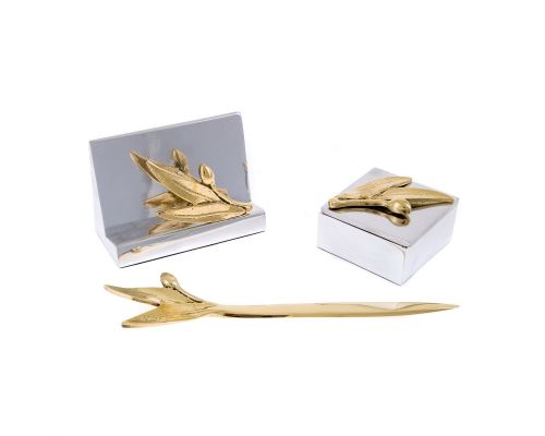 Desk Accessories Set of 3 - Olive Branch Design - Handmade Solid Metal - Decorative Storage Box, Business Card Holder & Letter Opener
