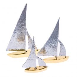 Sailing Boat, Set of 3 - Handmade Metal Decorative Nautical Ornament - Bronze & Aluminum - Gold & Silver - Small, Medium & Large