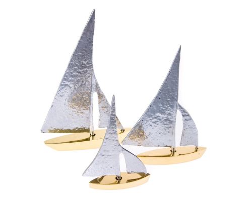 Sailing Boat, Set of 3 - Handmade Metal Decorative Nautical Ornament - Bronze & Aluminum - Gold & Silver - Small, Medium & Large
