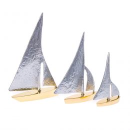 Sailing Boat, Set of 3 - Handmade Metal Decorative Nautical Ornament - Bronze & Aluminum - Gold & Silver - Small, Medium & Large