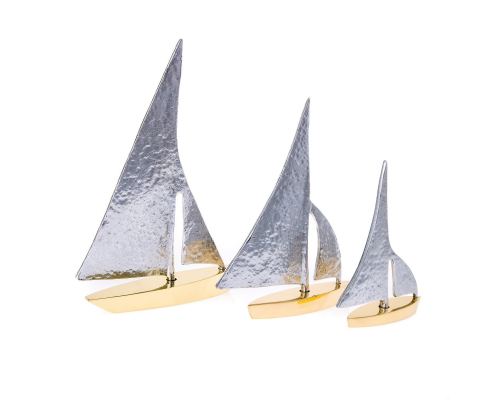 Sailing Boat, Set of 3 - Handmade Metal Decorative Nautical Ornament - Bronze & Aluminum - Gold & Silver - Small, Medium & Large