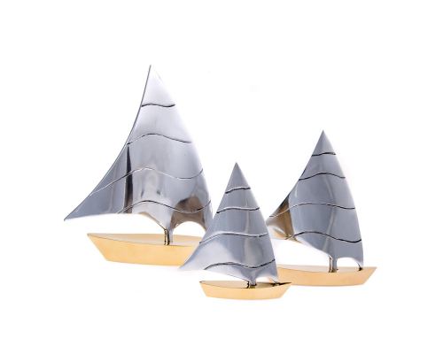 Sailing Boat, Set of 3 - Handmade Metal Decorative Nautical Ornament - Bronze & Aluminum - Small, Medium & Large